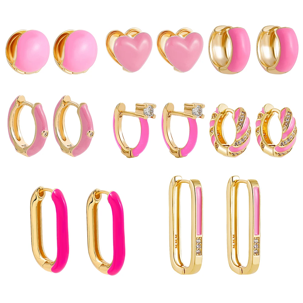 

Милые эмалевые Розовые Геометрические круглые серьги-кольца в форме сердца, минималистичные золотистые серьги-кольца из меди и циркония, к...