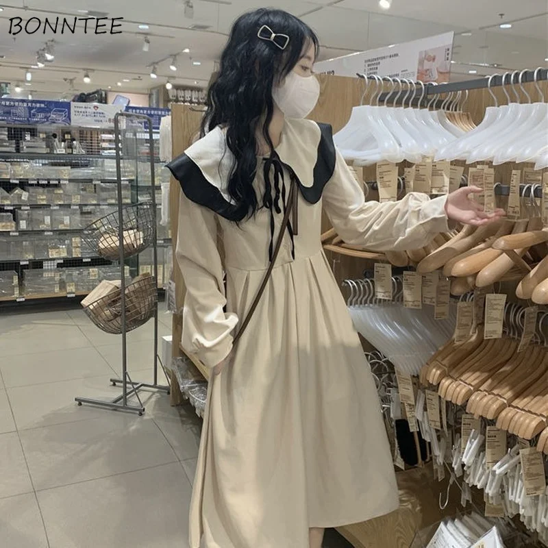

Женское винтажное платье на шнуровке, двухслойная повседневная универсальная туника в корейском стиле для школьниц, милая туника для студе...
