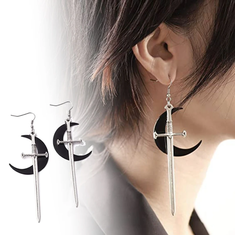 

Unique Black Moon and Sword Long Chain Dangle Women Earrings for Adult Alloy Earring Presents for Girlfriend Ear Adornments