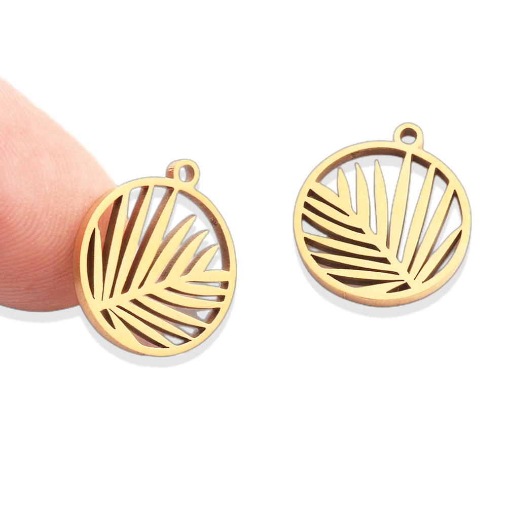 5pcs Stainless Steel Round Craft Hollow Leaves Gold Pendants for DIY Vintage Earrings Necklace Charm Jewelry Making Accessories