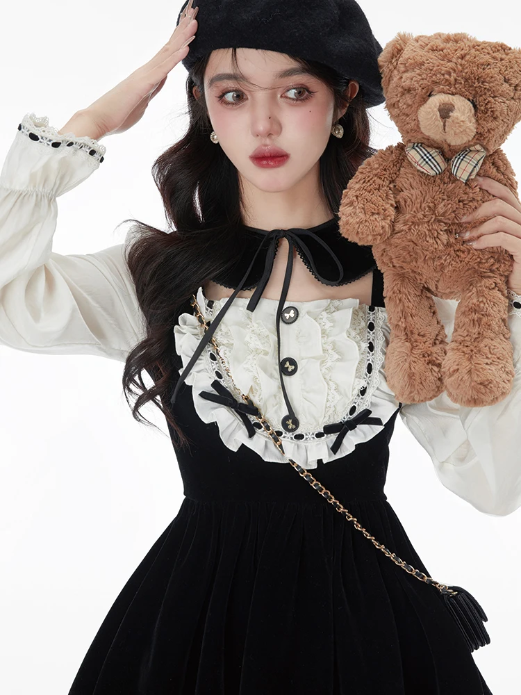 

Осеннее черное стандартное французское вечернее платье, милое женское бархатное винтажное платье на шнуровке, 2022, Стильное женское мини-платье, корейский стиль, кавайное