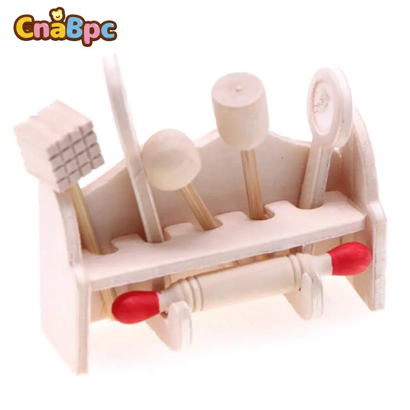 

1Set Dollhouse Miniature Cookware Rolling Pin Spoon With Storage Rack Mini Kitchen Utensils Model Doll House Life Scene Decor