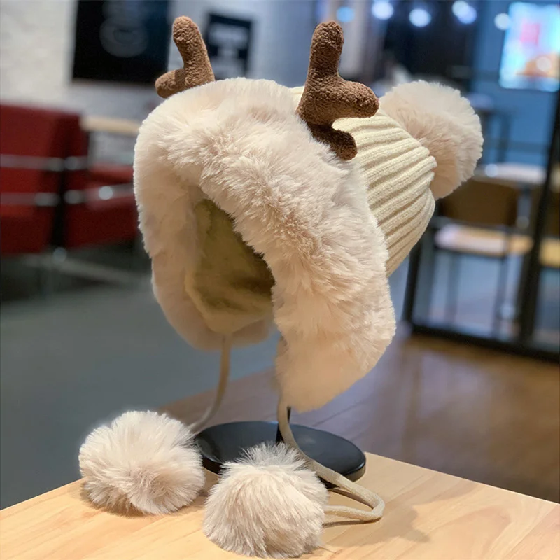 

Autumn and Winter Super Warm and Cute Cartoon Antler Hat Fur Plus Velvet Ushanka Unisex Deer Head Hat 2022
