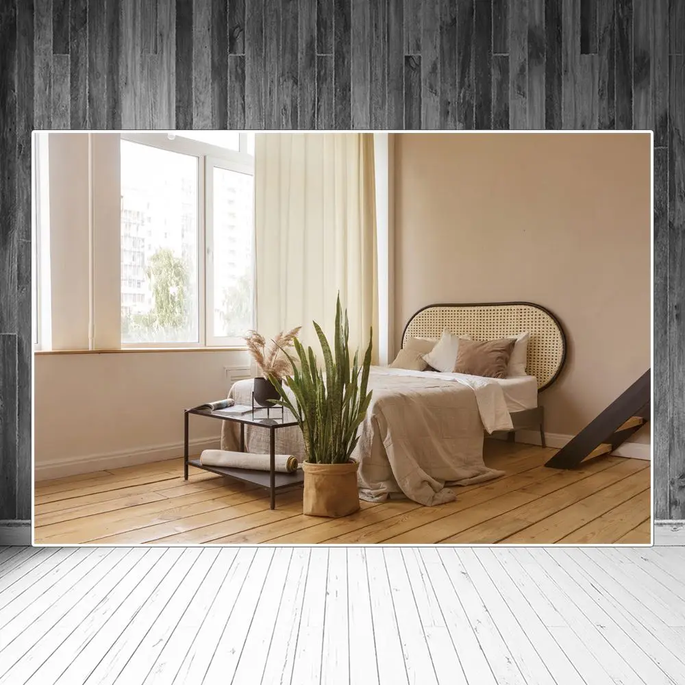 

Bohemian Style Bedroom Photography Backdrops Decoration Curtain Window Bed Green Plants Custom Photocall Photo Backgrounds Props