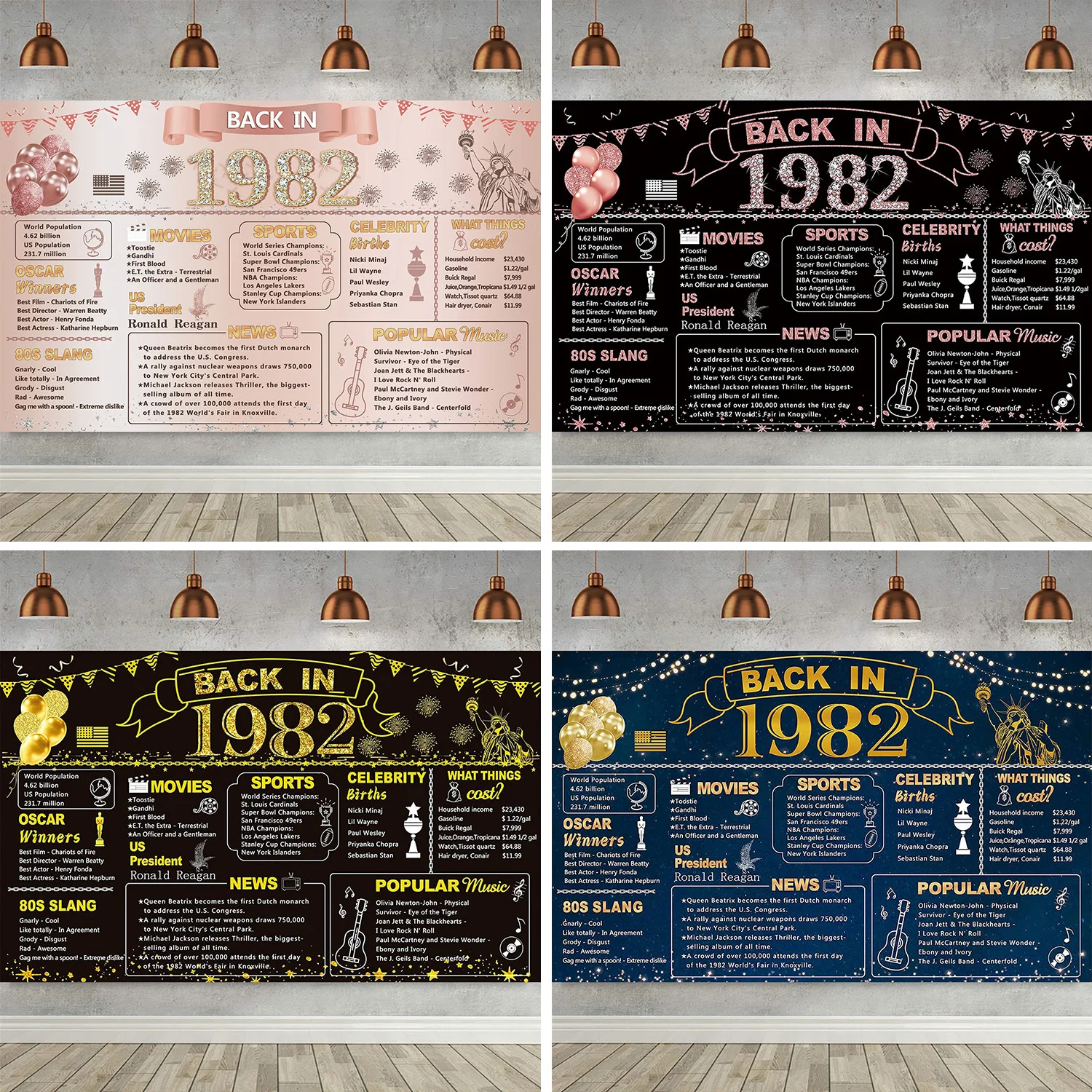 

Happy 40th Birthday Party Backdrop Pink Rose Gold Black Blue Cake Banner Decor Back in 1982 Photo Booth Background for Women Men