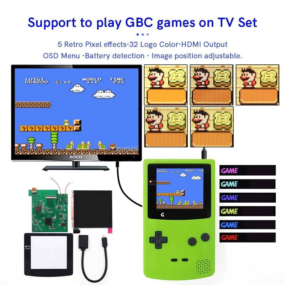 HDTV 720P HDMI-Compatible RETRO PIXEL IPS GBC LCD Kit Backlight Hight Light For GameBoy Color GBC With Pre-cut Shell