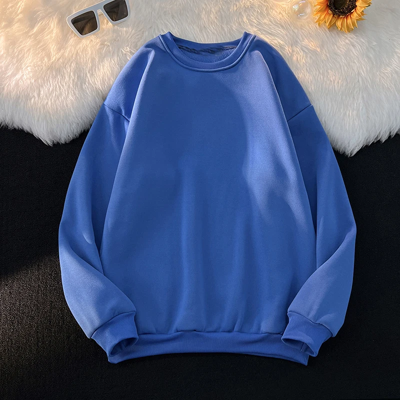 

2022 Autumn and Winter Fashion Harajuku Style Simple Casual Solid Color Plus Velvet Pullover Bf Couples Round Neck Sweater Trend