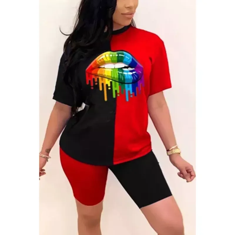 

Summer Women Fashion Rainbow Lip Print Sportswear Top and Shorts 2pc Set Ladies Casual O-Neck Pullover Short Sleeve T-Shirt