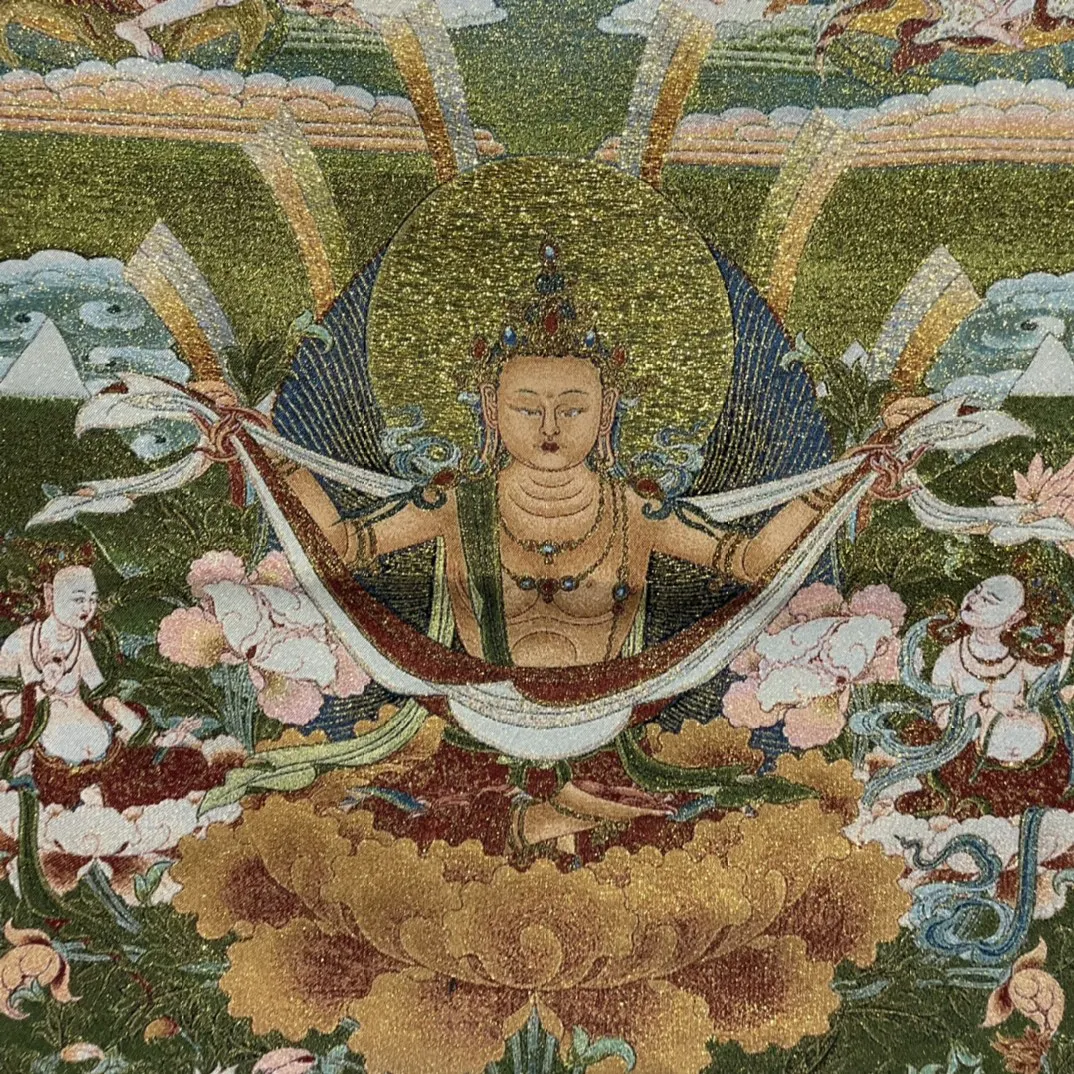 35 &quotТханка вышивка тибетский буддизм шелковая зеленая Тара сидящий Будда Тханка