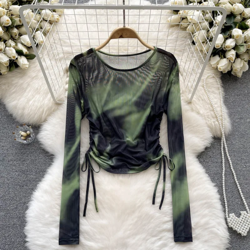

French Retro T-shirt Autumn Tie Drawstring O-neck T-shirt Women Korean Top Design Top Long Sleeve Slim Bottom Shirt Women 27558