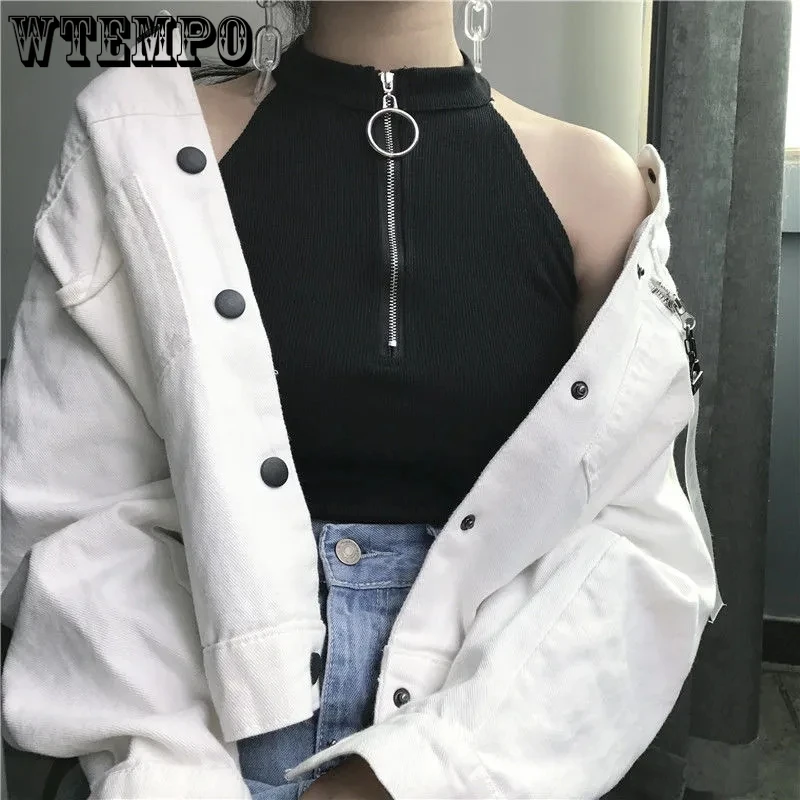 Retro Zipper Tank Top High Collar Slim Fit Short Crop Tops Women's Halter Neck Suspender Vest Bottoming Shirt Trendy Y2K Corset