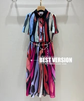 best version summer dresses women luxury brand 100 silk elegant abstract painting color pearls logo belt waist long woman dress