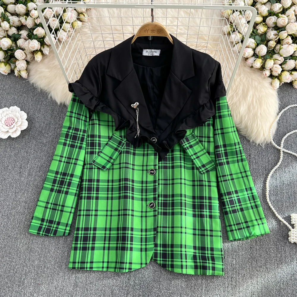 

Retro British College Style Green Plaid Suit Jacket Women's Design Sense Autumn Mid-length Suit Top