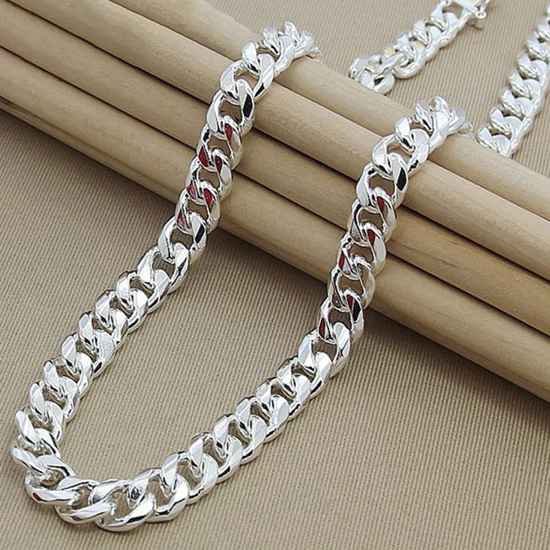 LINJING 925 Silver 10MM 20/22/24 Inch Cuban Chain Necklace For Women Men Fashion Jewelry Party Birthday Gifts