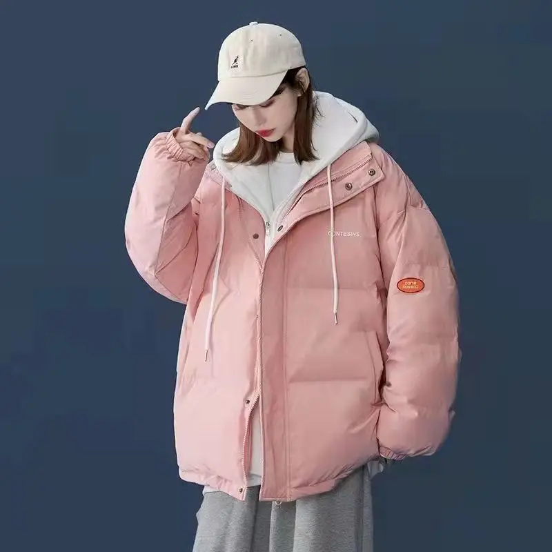 Parkas Women Winter Jackets 2022 New In Casual Fake Two Piece Hooded Jacket Korean Fashion Kawaii Pink Coats Zipper Tops Femme