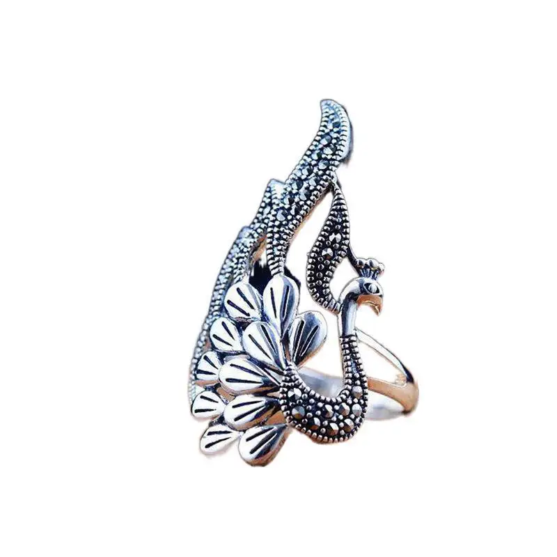 Vintage Black Silver Color Peacock Phoenix Bird Ring for Women Size Adjustable Stainless Steel Ring Boho Style Female Jewelry images - 6