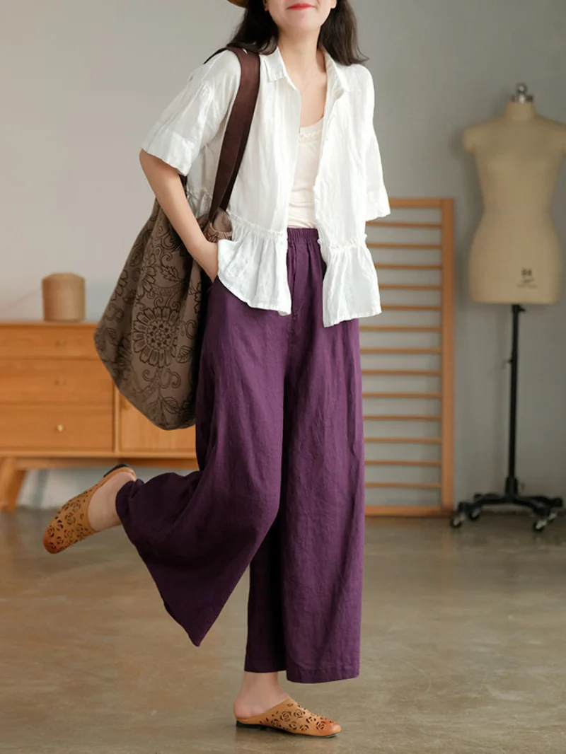 

Purple Soft Capri Pants Women's Joggers New 2023 Cotton Linen Home Wear Loose Pants for Women Summer Casual Wide Leg Trousers