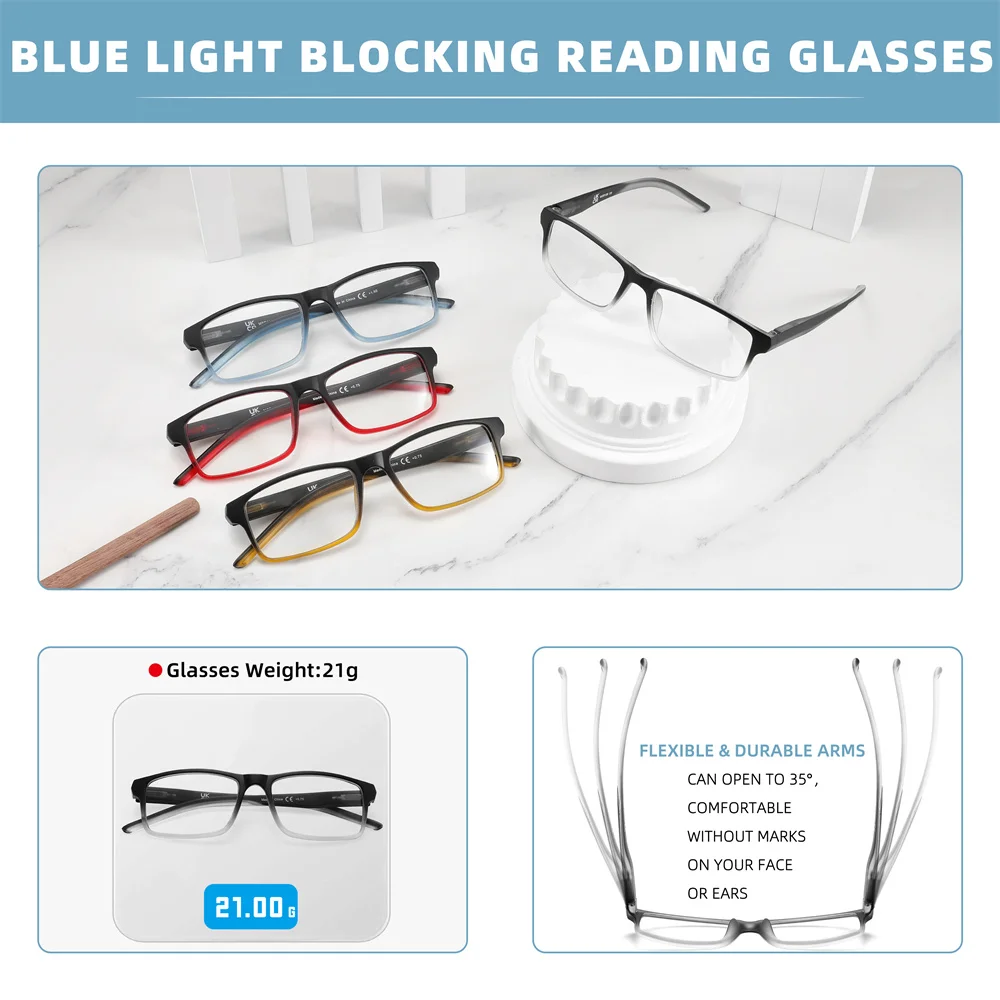 MODFANS Стильные прямоугольные мужские синие плотные очки для чтения с градиентом