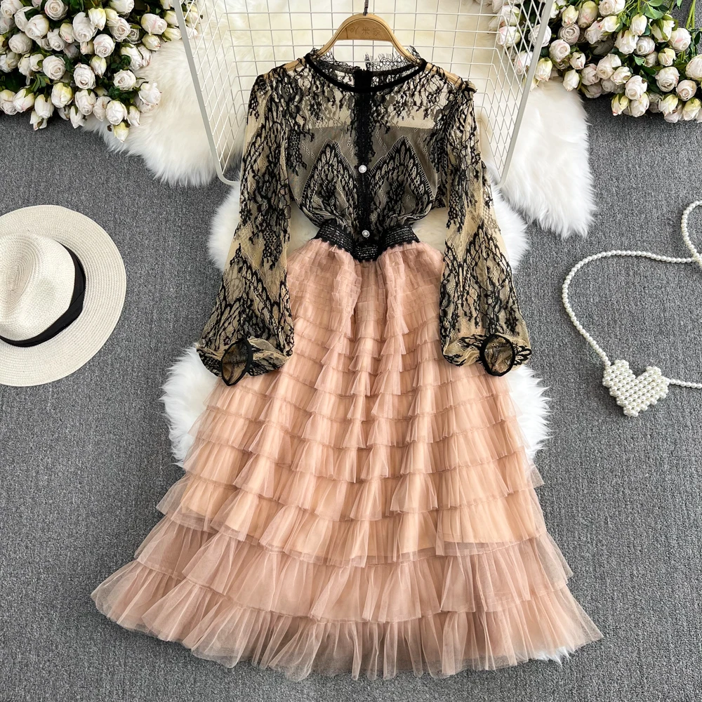 

Sexy Lace Mesh Patchwork Long Sleeve Dress Chic Korean Fashion Beach Vacation A-line O-neck Women Sundress