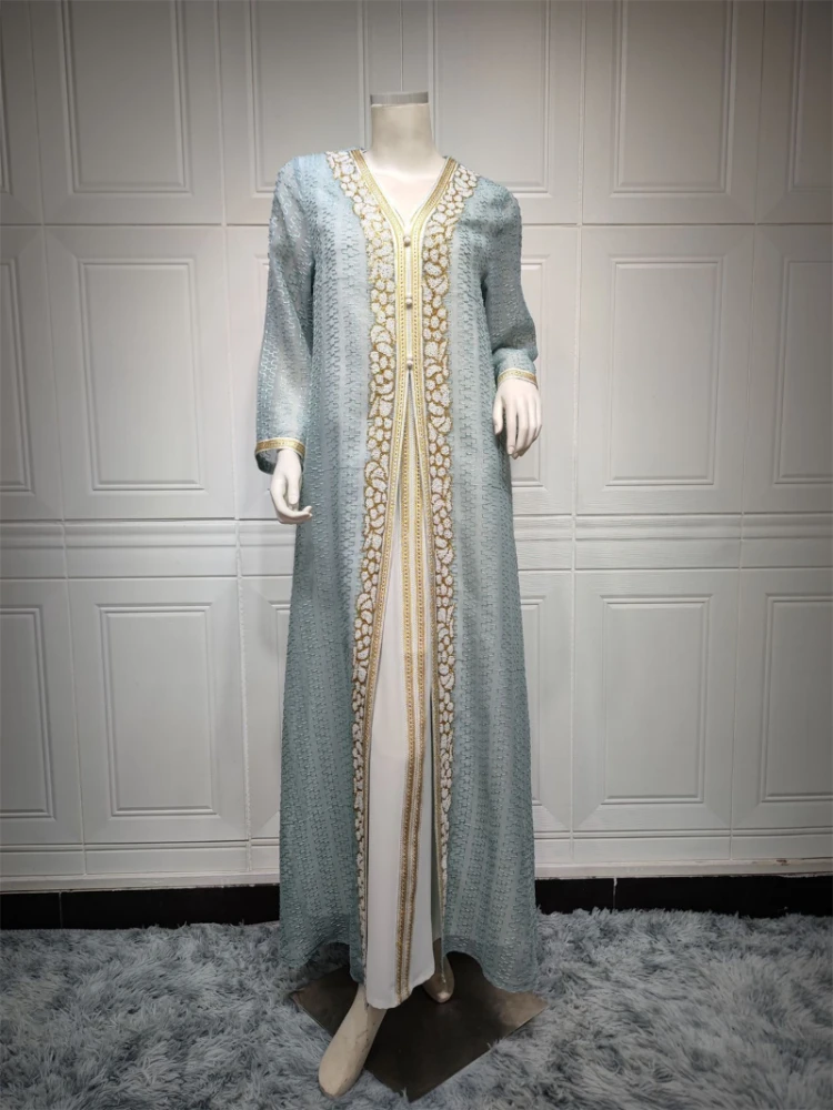 Elegant Turkish Abayas Muslim 2 Pieces Set Kaftan Dubai Luxury Diamonds Arabic Dresses Floral Embroidery Lace Tape Belted Dress