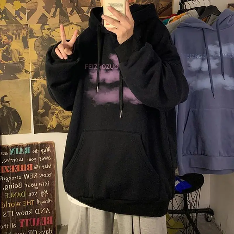 

Autumn Winter Plush Sweatshirt Men's Hooded Fashion Lazy Style Print Coat Korean Fashion Casual Pullover Harajuku Hoodie Gothic