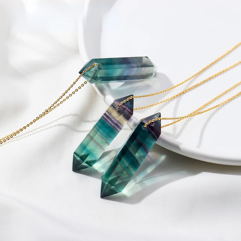 

Natural Rainbow Fluorite Crystal Column Double Point Pendant Striped Fluorite Crystal Wand Gemstone Necklace Female Gift