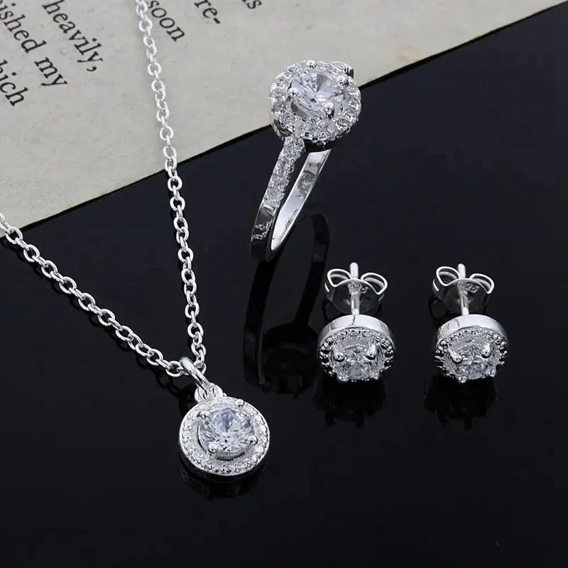 

4pcs Jewelry Set Necklace Ring Earrings Female Models Light Luxury Style Brass With Zirconia Bright Silver Plated Jewelry
