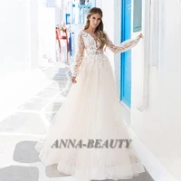 anna elegant wedding dresses v neck tull appliques full sleeve backless wedding gown for bride made to order