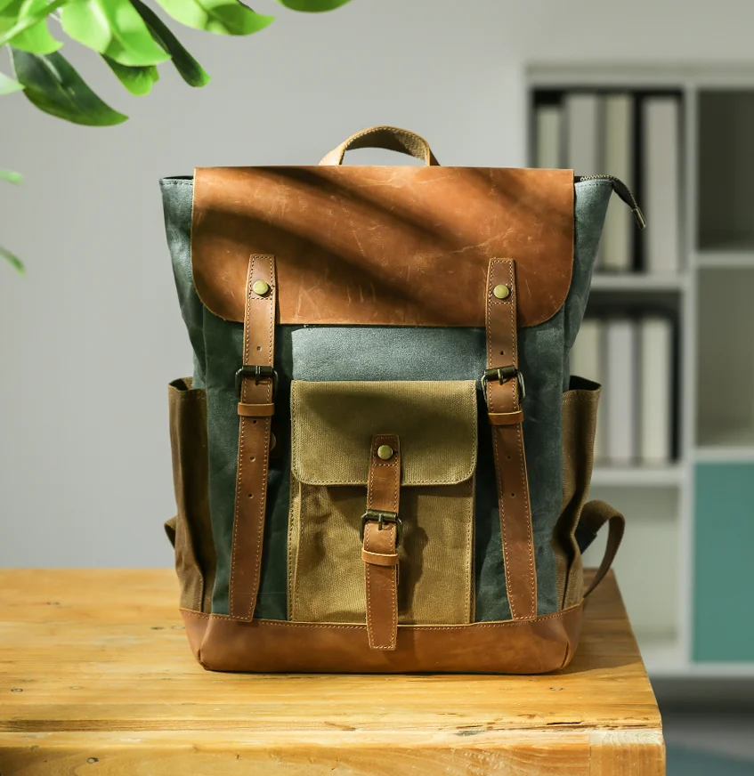 

AETOO Leather canvas backpack travel men's bag retro oil wax personality large-capacity computer backpack