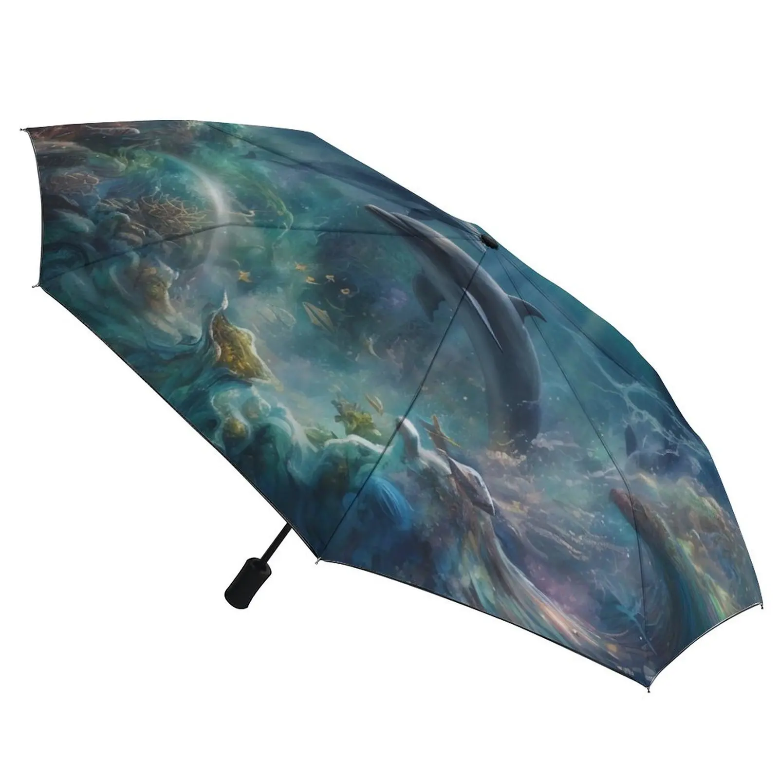 Dolphin 3 Fold Auto Umbrella Mystical Realms  Harmonious Wind Resistant Umbrella Black Coat Ligthweight Umbrellas for Female