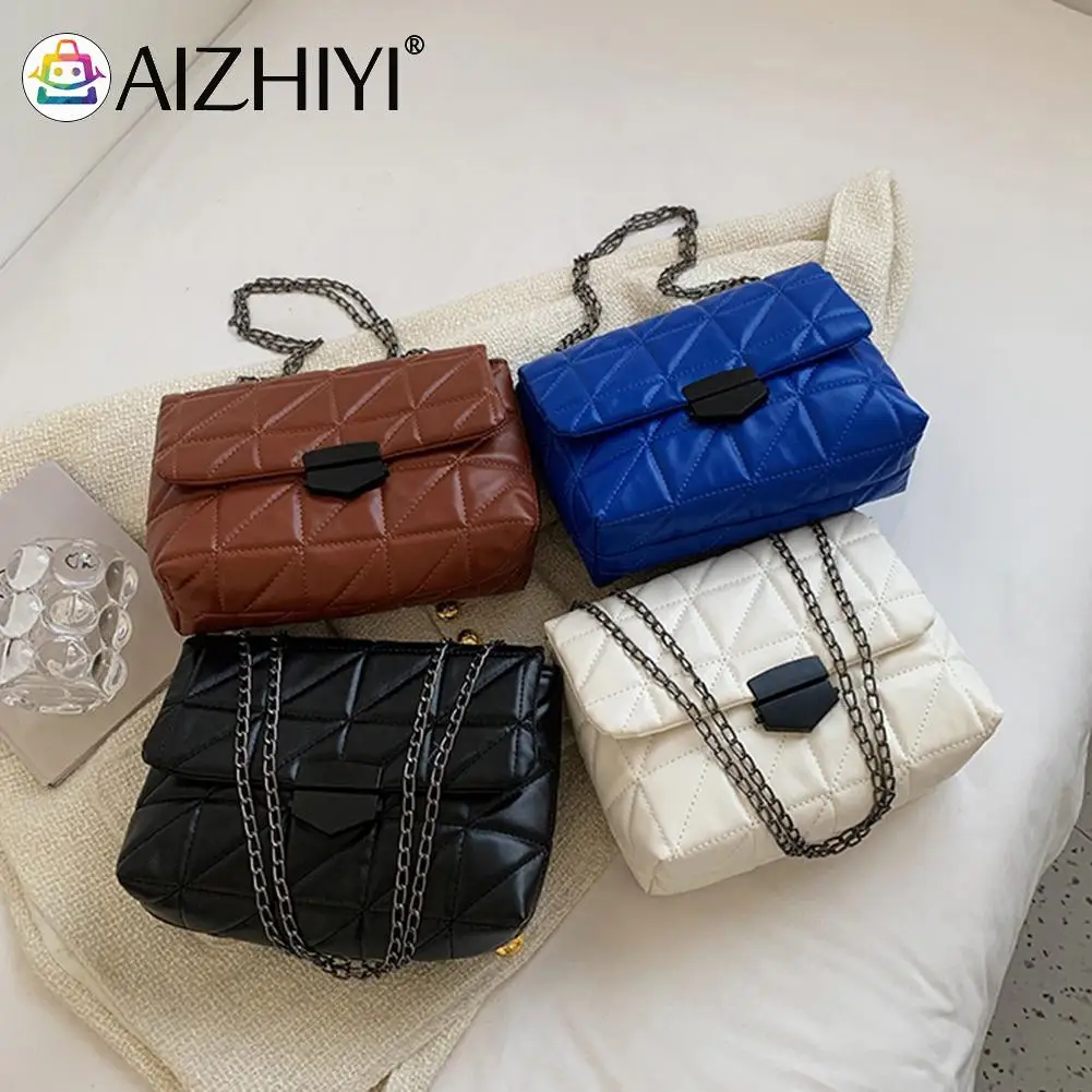 

Women PU Leather Lattice Crossbody Bag Female Luxury Solid Color Simple Shoulder Bag New Fashion Exquisite Chain Casual Handbag
