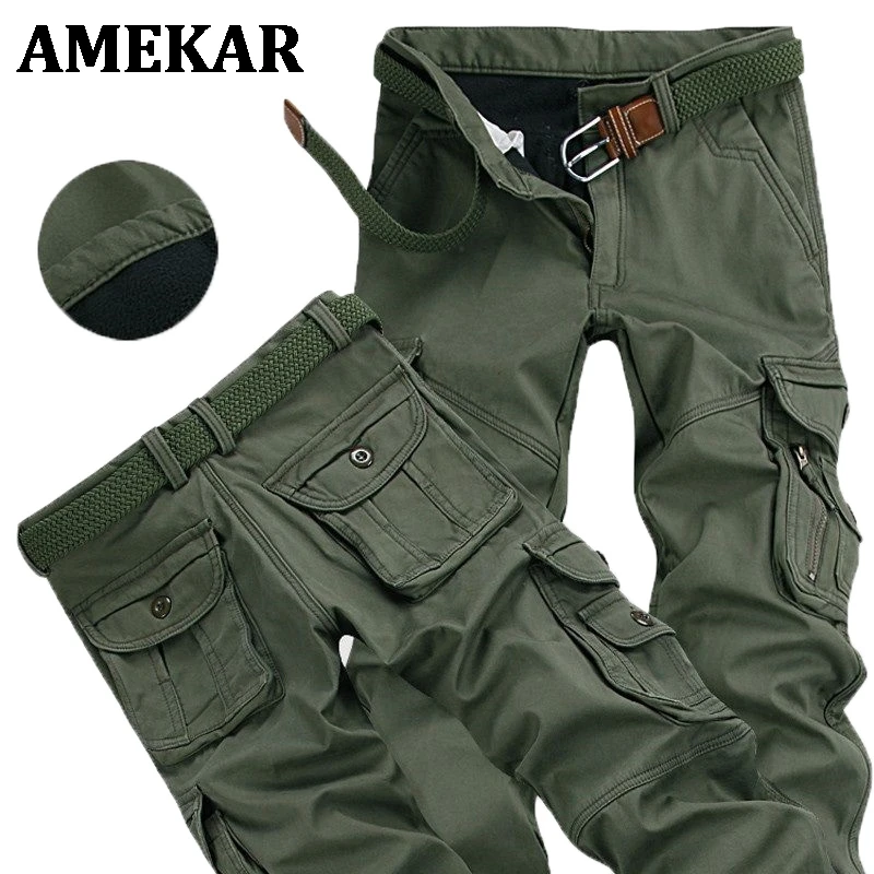 

Fleece Pockets Fur Mens Trouser Winter Thick Warm Cargo Pants Casual Plus Size 38 40 Fashion Loose Baggy Joger Worker Male