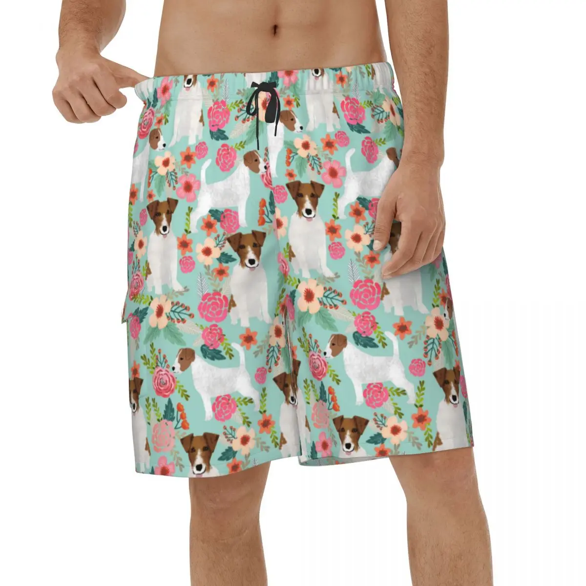 

Fashion Jack Russell Vintage Florals Dog Men Printed Beach Shorts Sports Swimwear Surf Short Pants Male Quick Dry Board Shorts