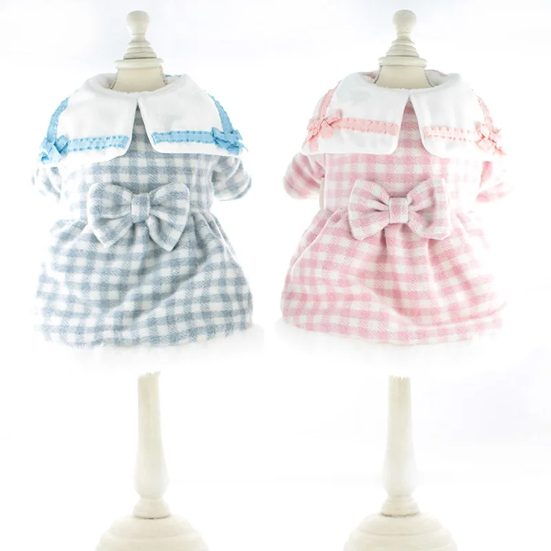 

Bowknot Dress for Dog Warm Winter Plaid Clothes Outfit Pomeranian Maltese Yorkshire Poodle Garment Fashion Pet Overcoat Dropship