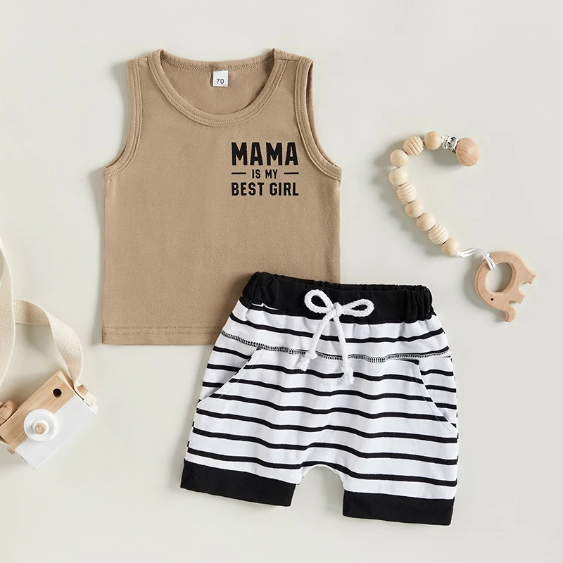 

2023-03-14 Lioraitiin 0-3Years Baby Boy 2Pcs Casual Summer Outfits Sleeveless Mama Letter Print Tank Tops Striped Shorts Set