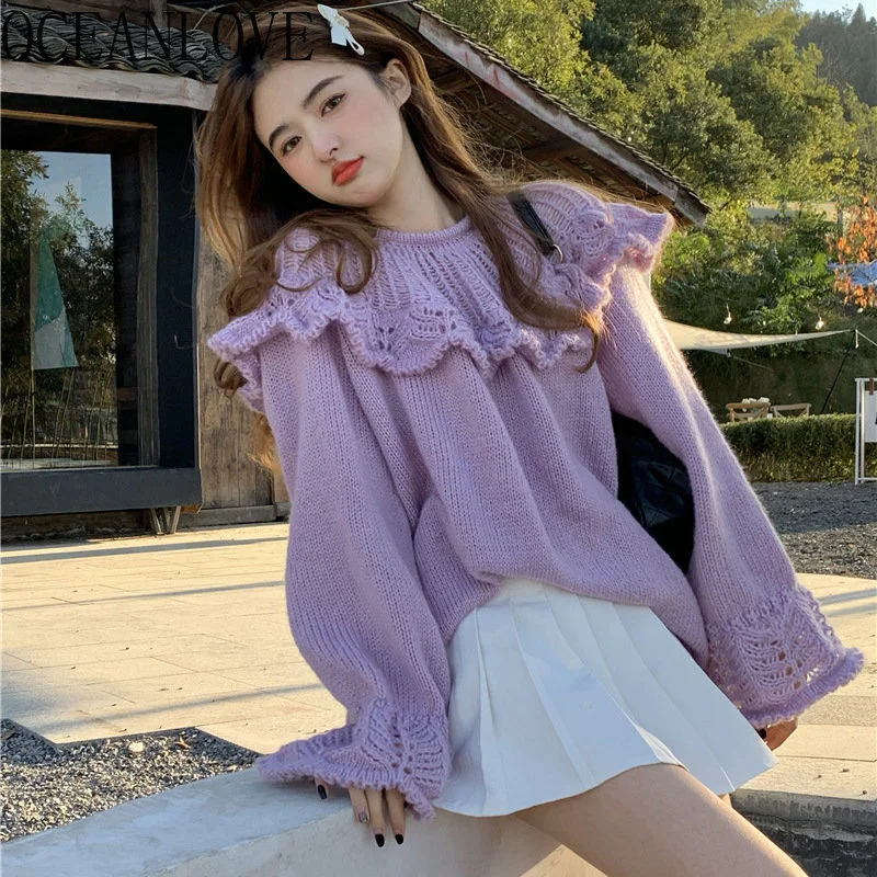 

Rules Sweet Solid Women Sweaters Holes Autumn Winter Clothes Pull emme Loose Kawaii ashion Purple Pulls Tops