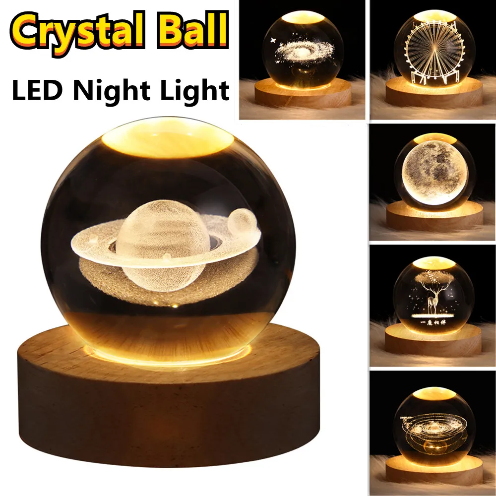 

Crystsal Ball Night Light USB Luminous Astronaut Planet Globe 3D Laser Engraved Solar System Balls Lamp With Wooden Base