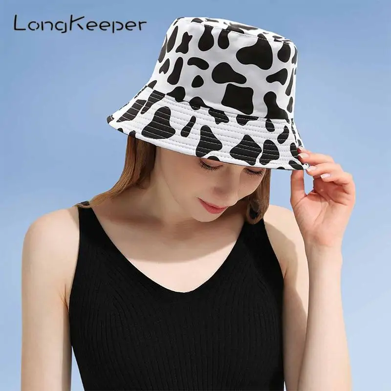 

Bucket Hats for Women Men 2022 Summer Hip Hop Double Side Sun Caps Panama Hat Fisherman Caps Black White Cow Panda Zebra Pattern