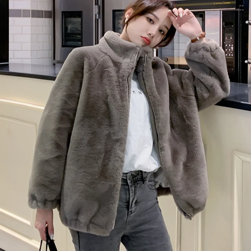 Women's 2022 Korea Autumn and Winter Fashion Jacket Temperament Elegant Lapel Slotted Loose Pockets Warm Mink Imitation Fur