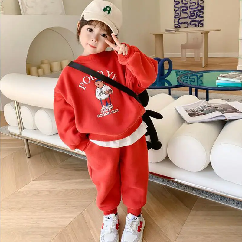 Girls' Autumn and Winter Clothes 2022 New Children's Fleece-Lined Sweater Children's Casual Trousers Baby Girl Two-Piece Suit