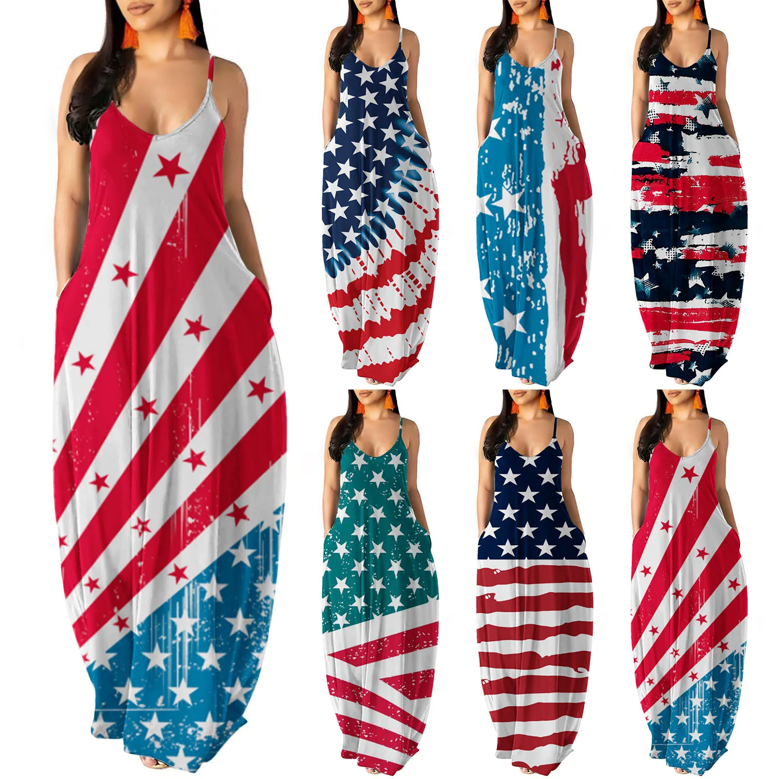 

Womens Fashion SunDresses Long Spaghetti Adjustable Independence Day Print Strap Sleeveless Long Maxi Dress With Pockets