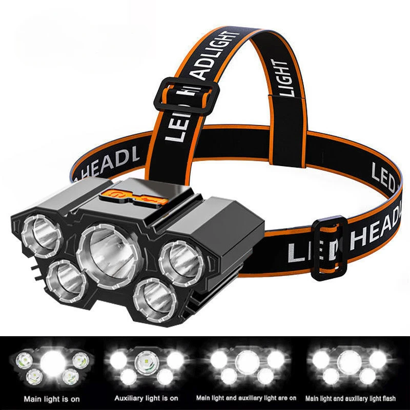 

New LED Strong Light Five Headlights USB Charging Super Bright Headlight Outdoor Fishing Waterproof Headlight