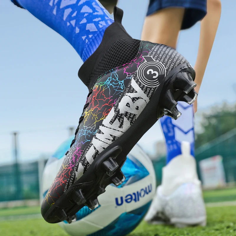Professional Soccer Shoes World Cup Outdoor Non Slip Long Spikes Football Train Boy High Ankle Soccer Sneakers Men Football Boot