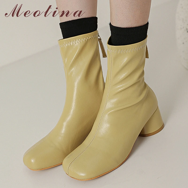

Meotina Women Ankle Boots Round Toe Mid Heel Zipper Pleated Ladies Fashion Round Heels Short Boot Autumn Winter Shoes Beige