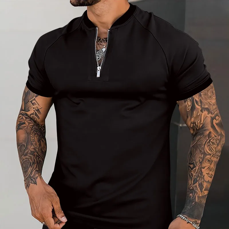 

Summer Men's T-shirt Standing Neck Zipper Solid Short Sleeve Tight Casual Fashion Fitness T-shirt Polo Shirt Men's Large T-shirt