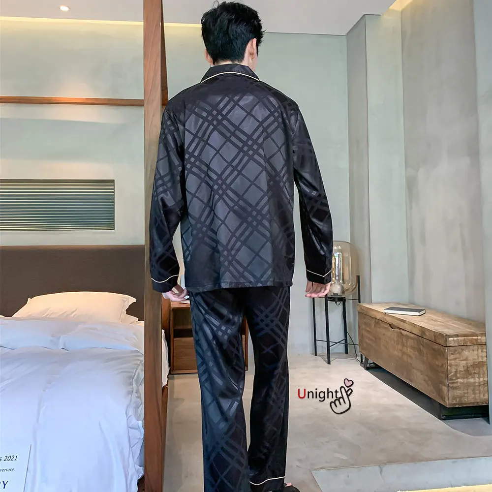 Men Silk Satin Pajamas Sets Long Sleeve Pyjamas Suit Sleepwear Pijama Men Loungewear Plus Size Set L-5XL Sleepwear Set Nightwear