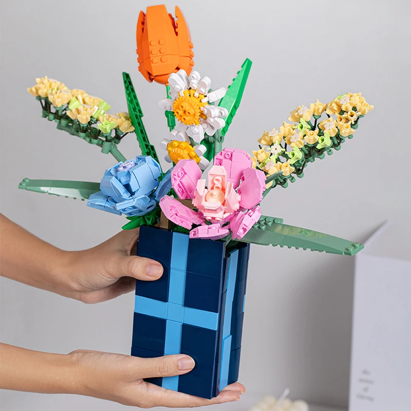 

Fomantic Flower Bouquet Potted Rose Building Block DIY Eternal Flower With Vase Bricks Toy Home Decor Holiday Girlfriend Gifts