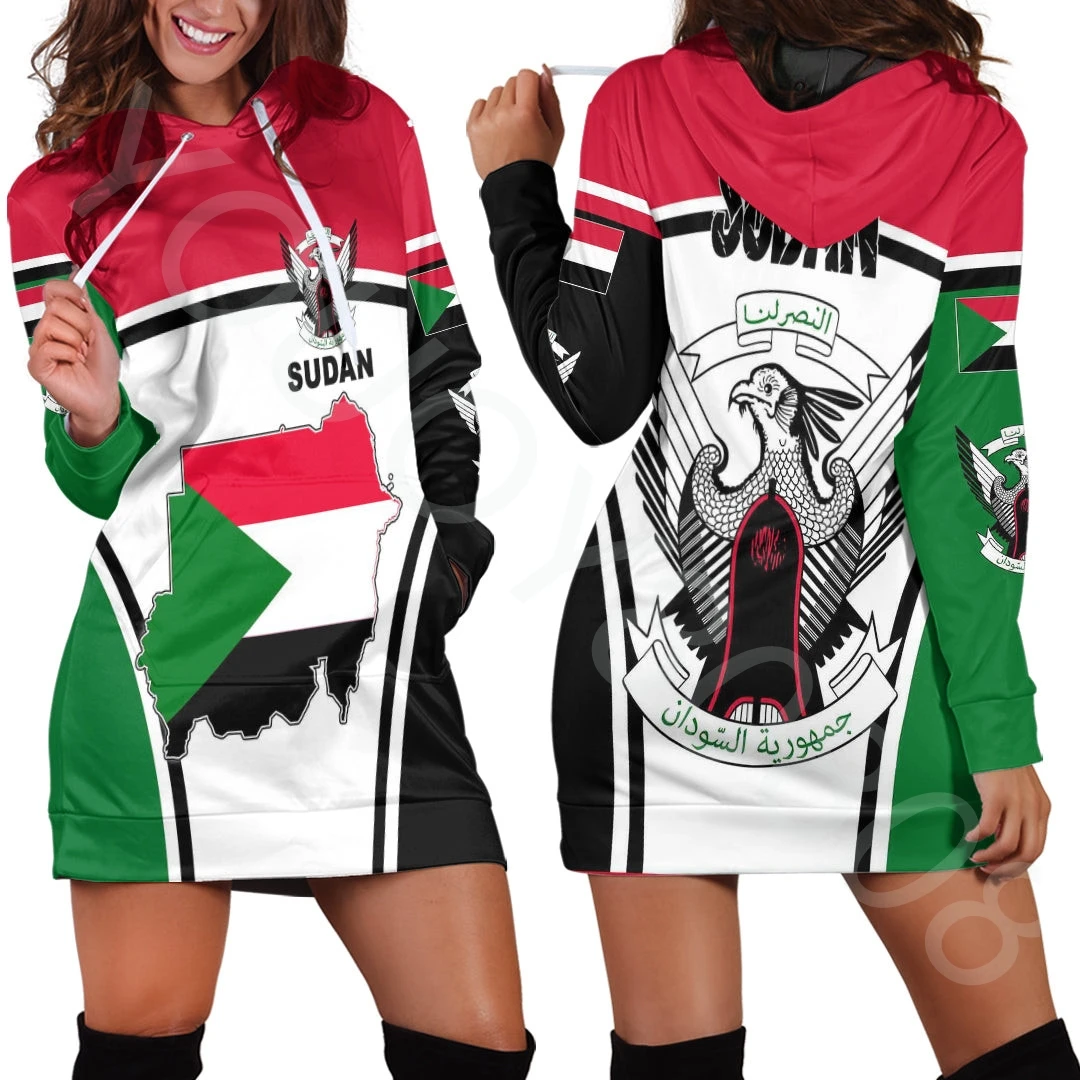 

New Africa Clothing - Sudanese Flag Hoodie Dress Casual Loose Street Style Hooded Dress for Women
