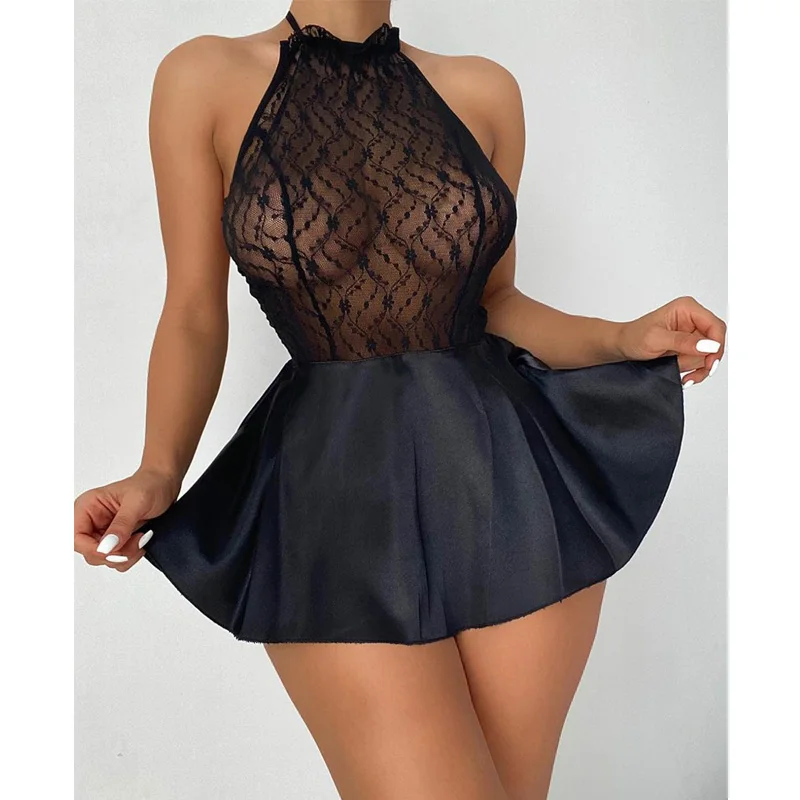 

Bowknot Decor Backless Halter Lace Babydoll Sexy Mini Dress Women