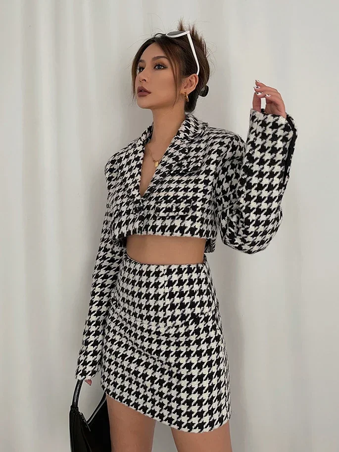 

Комплект из 2 предметов, Осенний теплый клетчатый блейзер с рисунком «гусиные лапки», укороченный топ, короткая нарядная мини-юбка, женская одежда, y2k, укороченный